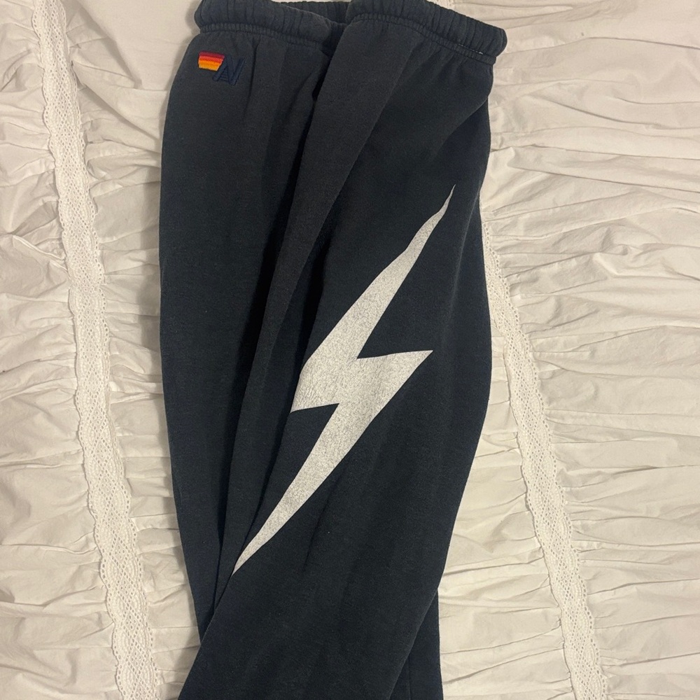 Aviator Nation Black Sweatpants with White Lightning Bolt
